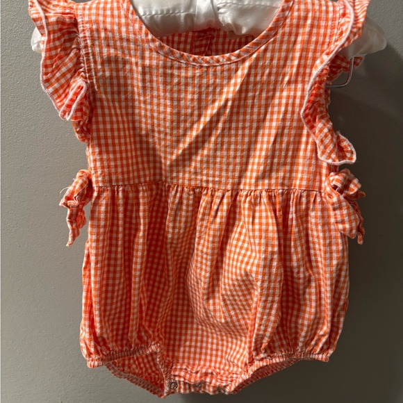 marie nicole Other - Orange Gingham Baby Romper with bows on sides